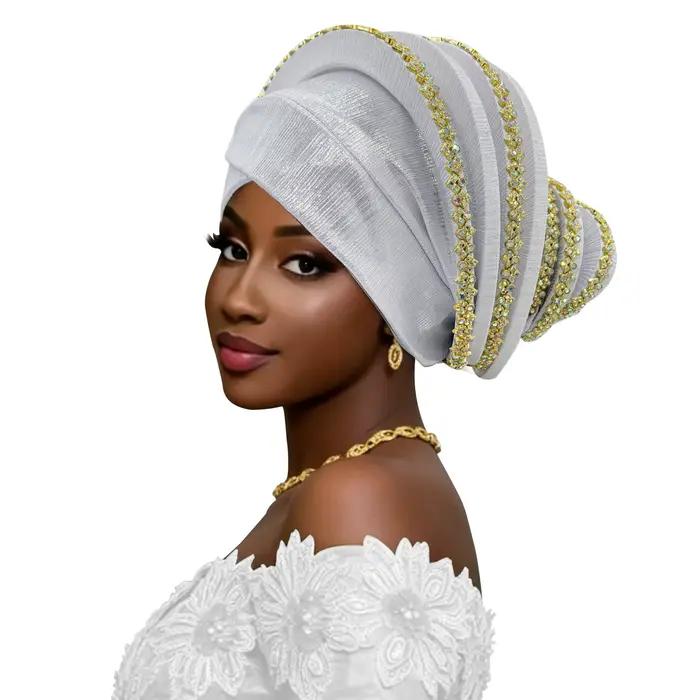 Turban en spirale avec garnitures dorées pour femmes, foulard africain pour mariage et fête, prêt à 