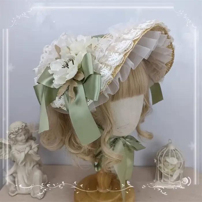 Chapeau Lolita multicolore fait à la main, Bonnet plat, Style pastoral, paille Lolita BNT, chapeau d