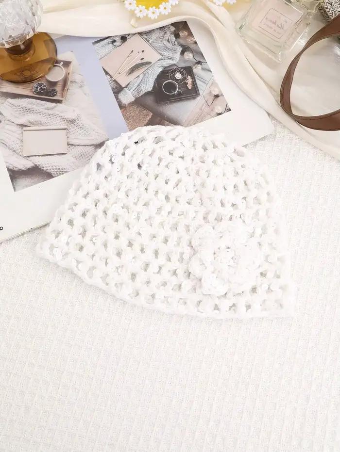 1 pièce : Bonnet en tricot ajouré à sequins style bohème, Chapeau bob tressé style vacances, Accesso