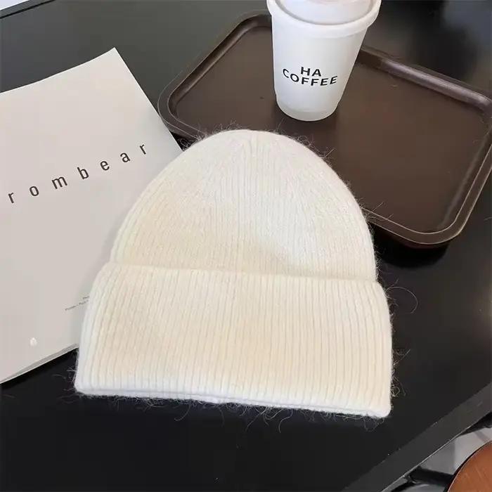 2024 Angora tricot chapeau d'hiver pour femmes fourrure de lapin moelleux tricoté bonnets corée luxe