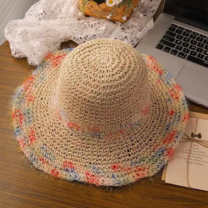 SUSU 1PC Chapeau de paille tressé coloré d'été pour les vacances en bord de mer, respirant, ajouré, 
