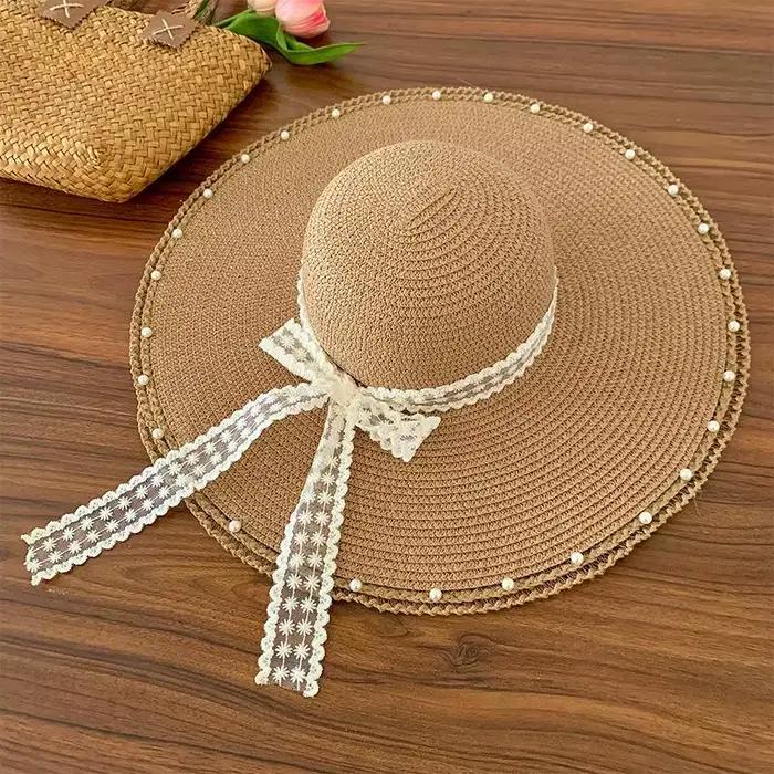 Chapeau de plage en paille surdimensionné pour femme avec nœud, chapeau d'été à large bord pour femm