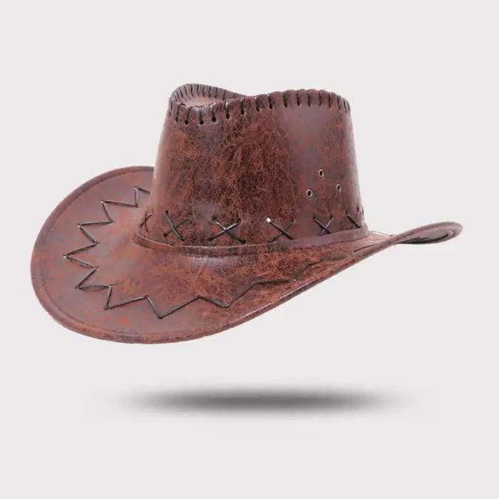 Chapeau de Cowboy occidental en cuir PU élégant, chapeau de chevalier à large bord, chapeau de solei
