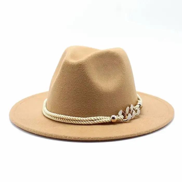 Chapeau de Jazz à chaîne rétro pour femmes, chapeau de Cowboy occidental en laine à large bord, acce