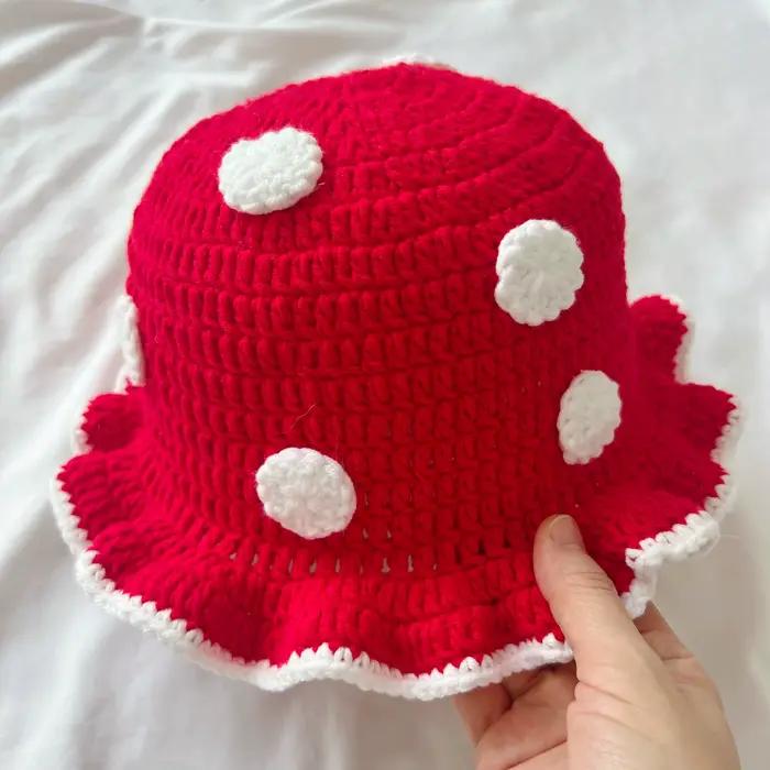 Chapeau de pêcheur en crochet fait main pour femmes, chapeau en tricot à pois mignon pour le printem