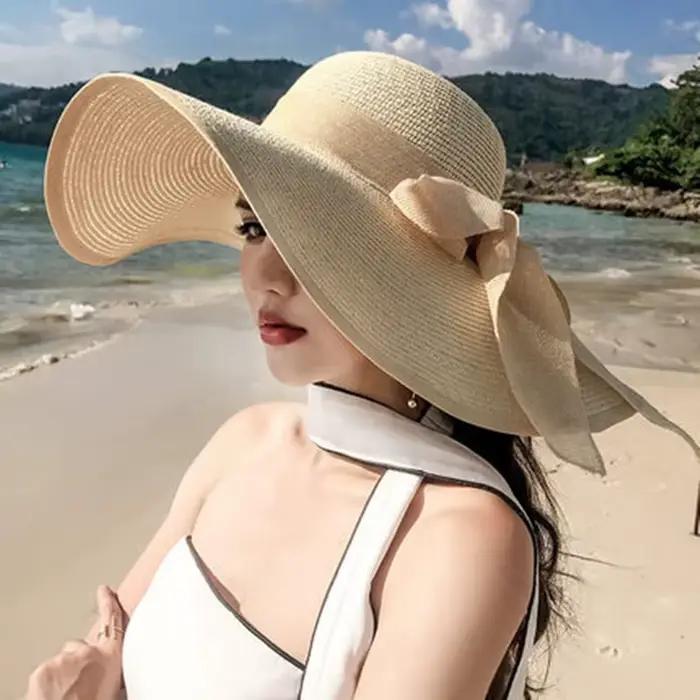 Chapeaux de plage en paille tendance à large bord, protection solaire UPF 50+ anti-UV, casquettes de