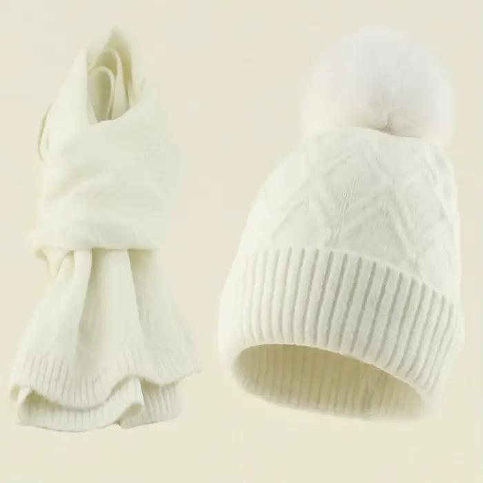 Ensemble chapeau et écharpe pour femmes, bonnet tricoté en laine, pompon de renard, accessoire chaud