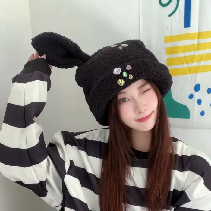 Chapeaux à grande tête pour femmes, chapeau de lapin, mignon, bouton d'oreille de lapin, peluche d'h