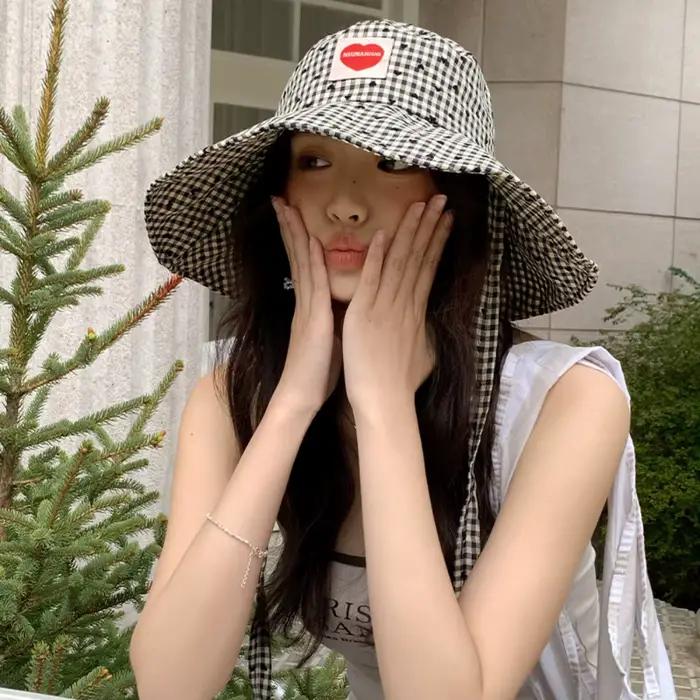Chapeau de pêcheur tendance anti-UV pour la randonnée, avec lacets, petit motif quadrillé, cordon de