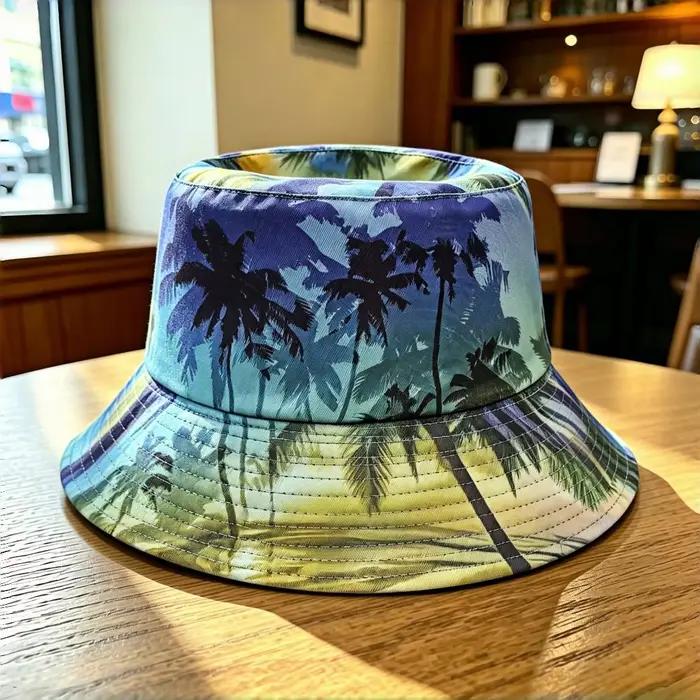 Chapeau de pêche à large bord avec protection solaire, motif palmier et coucher de soleil tropical H