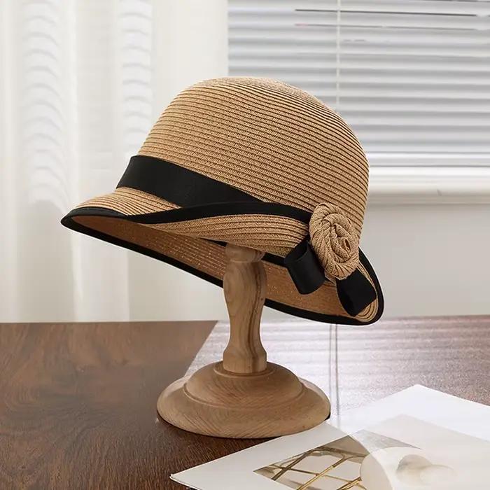 Chapeau de soleil élégant en paille pour femme, protection UV, pliable, à large bord, pour la plage,