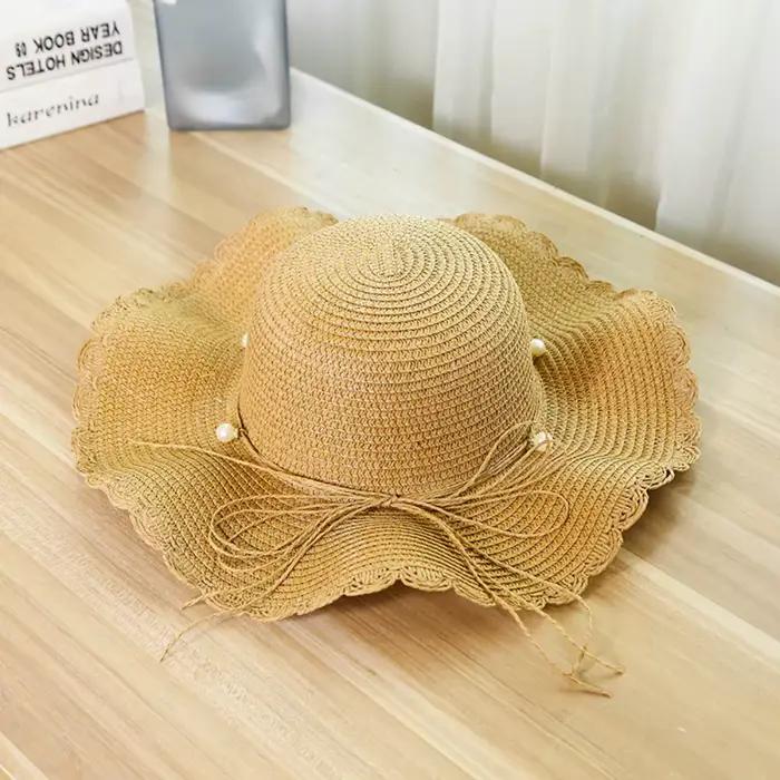 Chapeau de paille pliable style français avec perles et large bord, idéal printemps-été, pour la pla