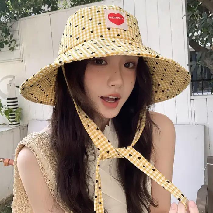Chapeau de pêcheur respirant anti-UV avec visière, motif petit carreaux, cordon de serrage, pour fem