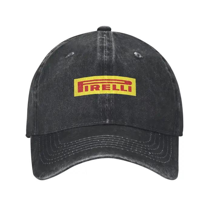 Casquette de baseball en jean jaune et rouge avec pneus Pirelli – Style Dad Hat