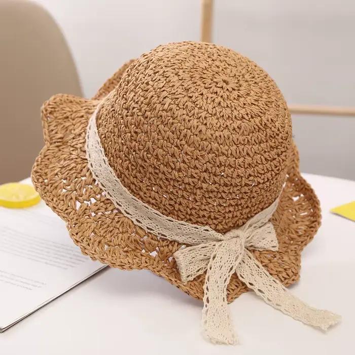 Chapeau de paille pour bébé fille de 3 à 6 ans, chapeaux de plage d'été avec nœud papillon, chapeaux
