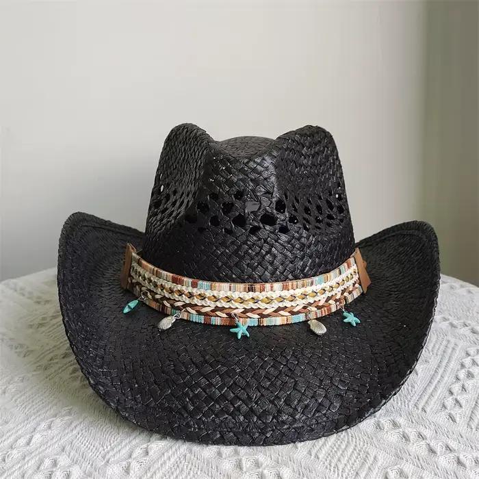 Chapeau de Cowboy creux pour hommes et femmes, Vintage, tissage de paille fait à la main, chapeau de