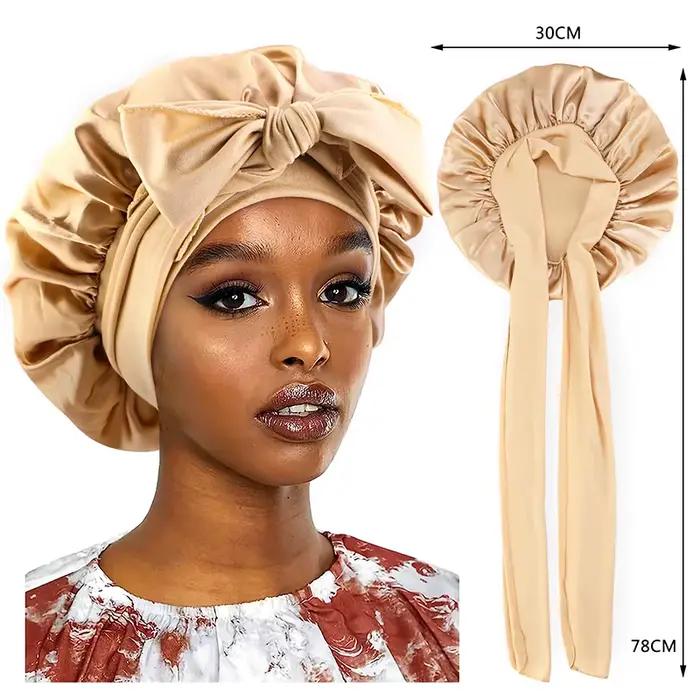 Nouveau Bonnet de couchage en Satin pour femmes, solide, large bande, cravate de tête extensible, Bo