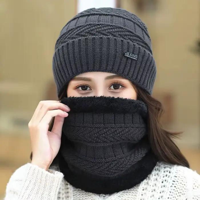 Hommes femmes hiver bonnet chapeau écharpe décontracté thermique polaire tricoté chapeau doux chaud 