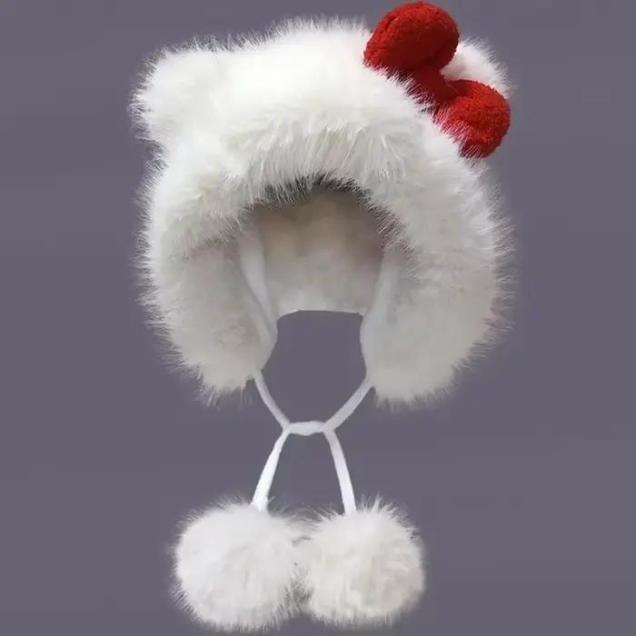 Joli bonnet Hello Kitty avec nœud, protection des oreilles pour l'hiver, chapeau tricoté confortable