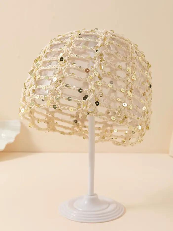 Chapeau tricoté Y2K ajouré à sequins style filet de pêche, accessoire de mode printemps-été, bonnet 