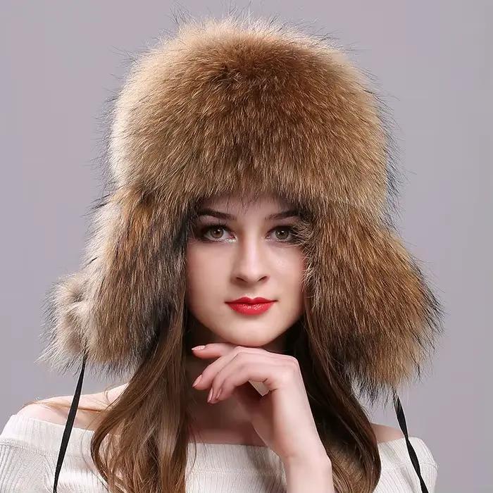 Chapeau de fourrure pour femmes fourrure de raton laveur naturel fourrure de renard russe Ushanka au