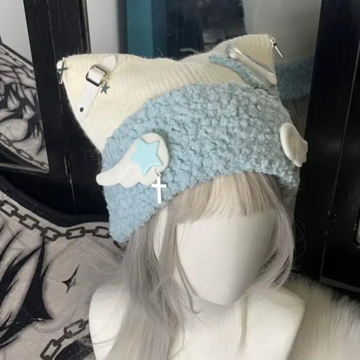 Chapeau d'oreille de chat bleu sous-culture avec croix, bonnets chauds, Skullies, Harajuku, Lolita g