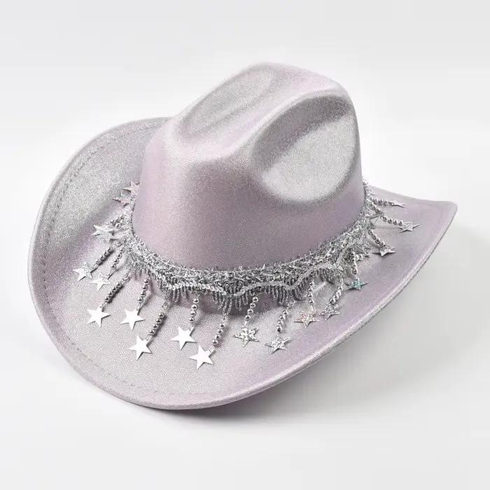 Chapeau Fedora à paillettes pour femmes, avec rubans en strass, mode Festival, fête, robe de mariée,