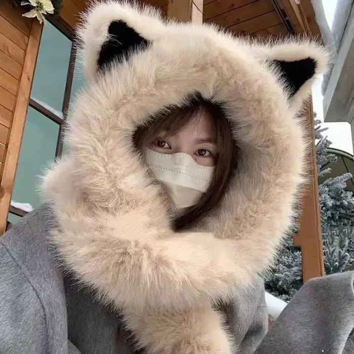 Mignon renard oreille moelleux chapeau écharpe chaud épais en peluche à capuche écharpe pour les fem