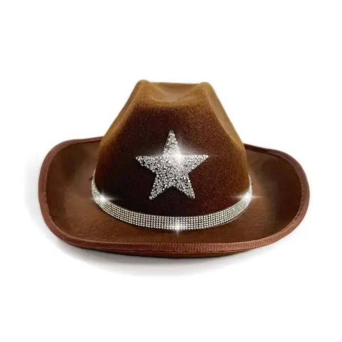 Chapeau de cowboy à thème western pour enfants, ornement pentagramme en strass scintillant, chapeau 