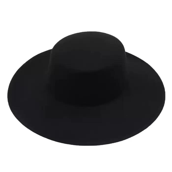 Chapeau en feutre noir pour femmes, chapeau de Jazz à dessus plat, casquette Vintage à large bord, S