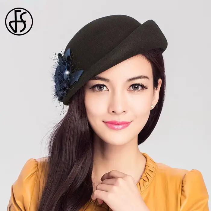 Élégant 100% laine feutre béret chapeaux pour femmes dames hiver noir formel église mariage thé robe