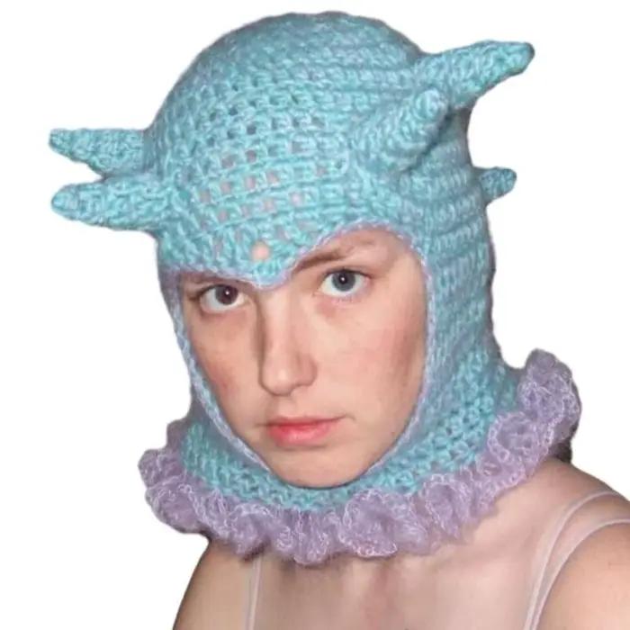 Bonnet tricoté en dentelle 39BB, chapeau Unique en corne espiègle pour Halloween, Costume