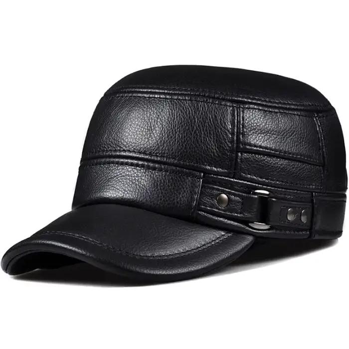Casquette d'hiver en cuir véritable pour hommes, casquette plate, militaire, élégante, casquette de 