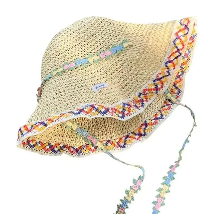 Chapeau de paille élégant pour femme, respirant, pliable, avec bord en dentelle, coloré, orné de fle
