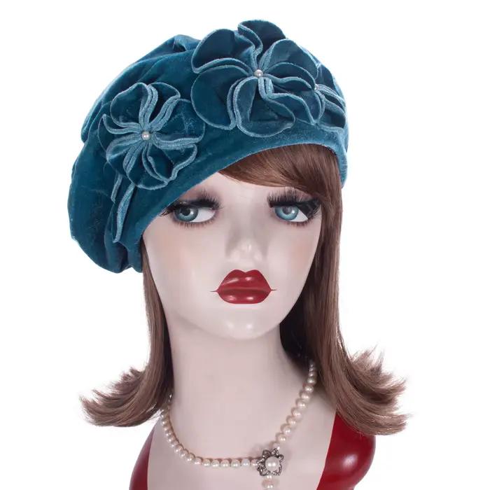 Lawliet sarcelle femmes 1920 Style Vintage béret en velours chapeau à fleurs casquette Chic T513