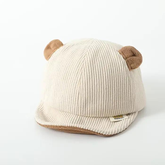 Nouveau chapeau de bébé en velours côtelé couleur unie mignon ours oreille réglable casquettes de Ba