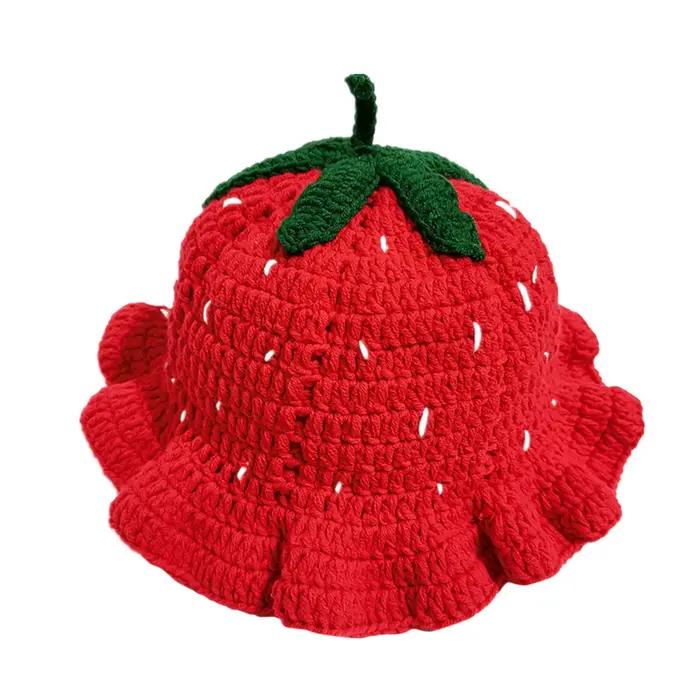Pudcoco Crochet seau chapeau pour femmes mignon fraise tricot pêcheur casquette respirant chaud chap
