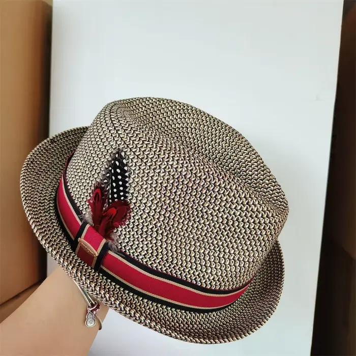 Chapeau Trilby en paille pour homme avec plume, Fedora d'été en paille, Chapeau de soleil britanniqu