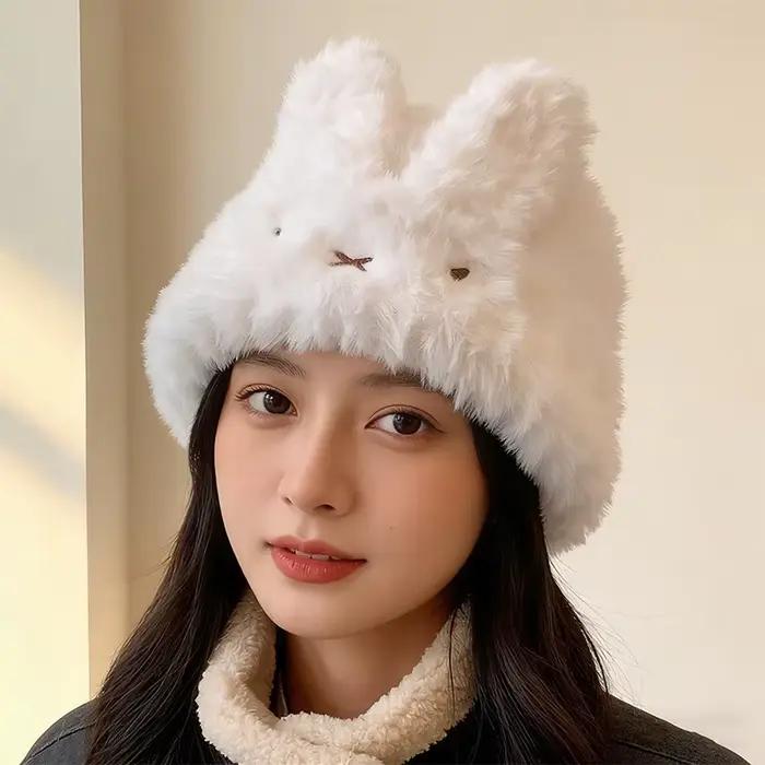 Chapeau tricoté blanc série Miffy, dessin animé mignon, créativité, Protection des oreilles, garde a