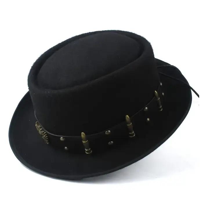 Chapeau Pork Pie pour Hommes et Femmes avec Ceinture Punk, Chapeau Fedora en Laine Tendance, Chapeau
