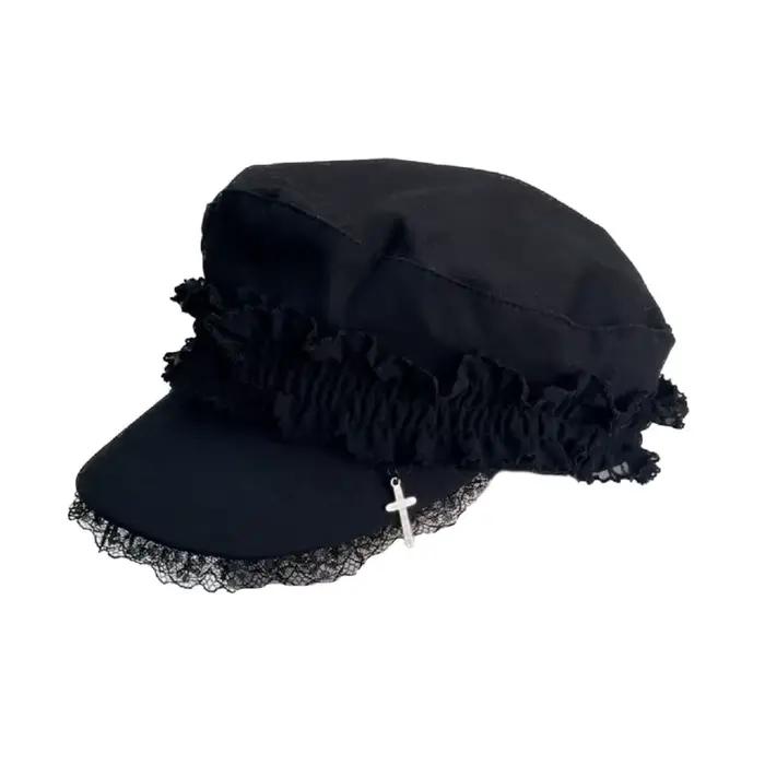 Béret avec Double couche dentelle Crucifix pour femmes filles, chapeau livreur journaux, chapeau cha