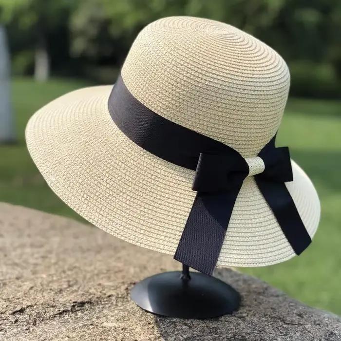 Chapeau de soleil élégant pour femme style Hepburn avec nœud décoratif, chapeau de pêcheur rétro lég