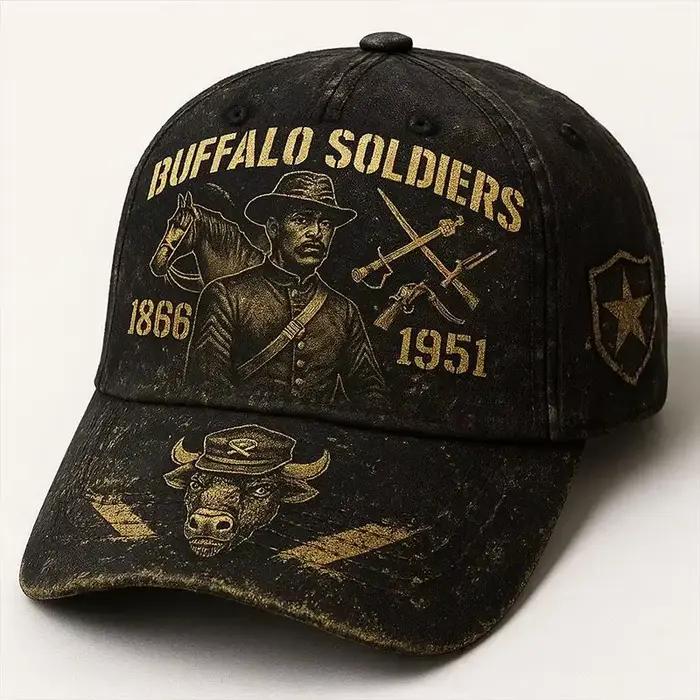Casquette personnalisée vintage noire vieillie avec des motifs de soldats de Buffalo, y compris un s