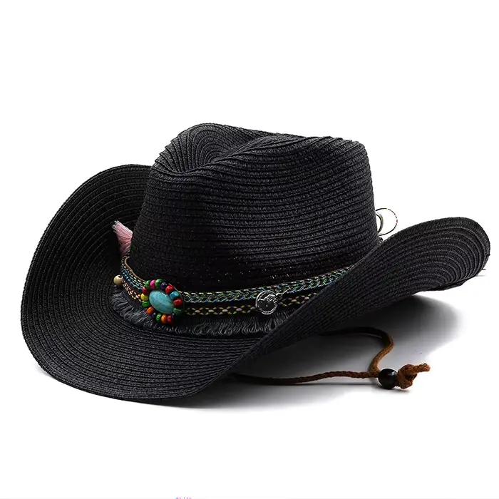 Chapeau de paille de Cowboy occidental pour hommes et femmes, style bohémien d'été, chapeaux de sole