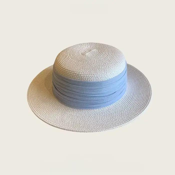 Chapeau de paille vintage français pour femme, chapeau de soleil d'été à calotte plate, chapeau de p