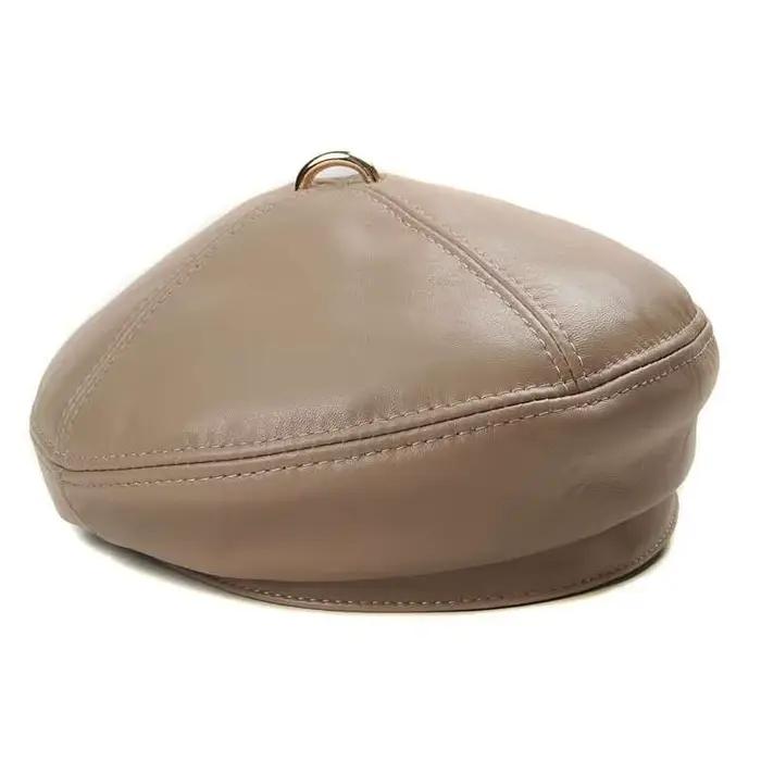 Béret en cuir et métal véritable pour femme, chapeau, mode automne et hiver, citrouille européenne, 
