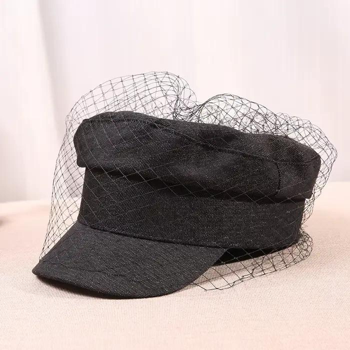 Béret en Denim bleu marine rétro britannique pour femmes, chapeau haut-de-forme avec visière en voil
