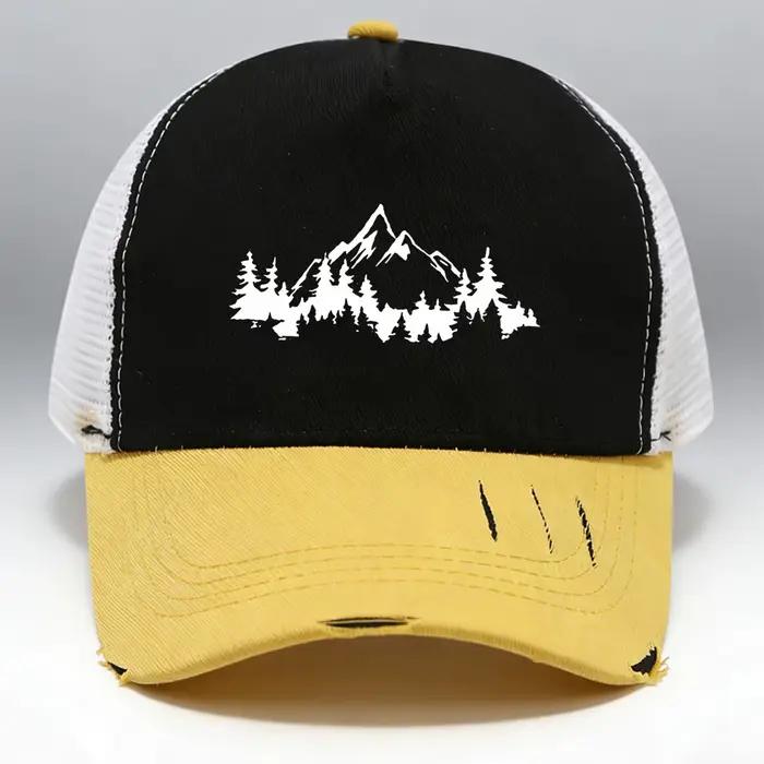 Casquette de camionneur en maille noire effet vieilli avec imprimé montagne, casquette de baseball a