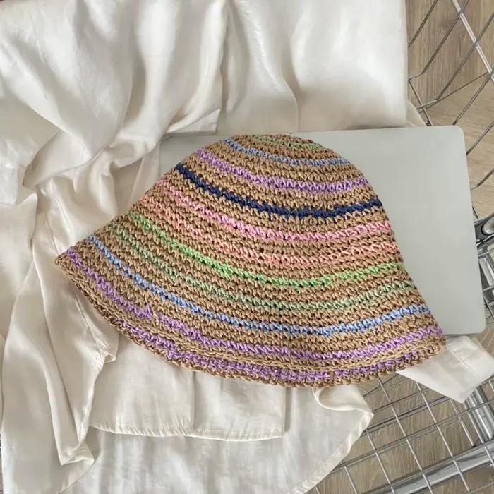 Chapeau de soleil coréen d'été en paille fait main, rayé arc-en-ciel, pour femme, à large bord, styl