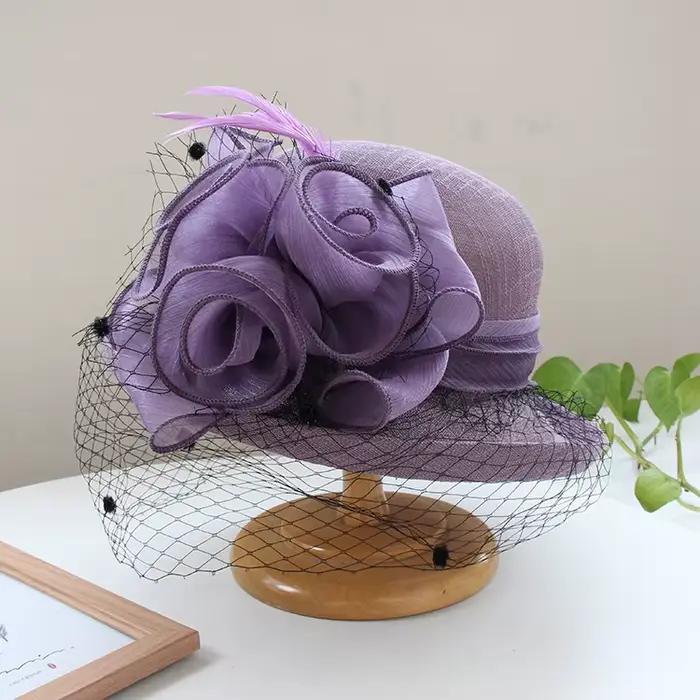 Chapeaux de soleil élégants en lin européen et américain à fleurs, couleur unie, bord roulé, pour fe